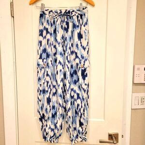 Christian Siriano Ikat Cargo Drawstring Cargo Jogger Pants Blue & White Cotton M